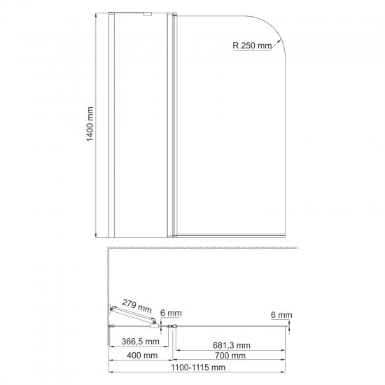 Шторка на ванну распашная 110х140х0,6 см профиль серебро WasserKraft Leine 35P (35P02-110 Fixed)