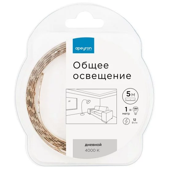 Комплект светодиодной ленты SMD 2835 4000К 12 В 14,4 Вт/м 5 м IP20 Apeyron (229ОО)