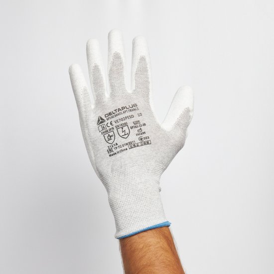 Перчатки х/б 5 нитей с полиуретановым покрытием антистатичные Delta Plus VE702PESD серые 10 (XL)