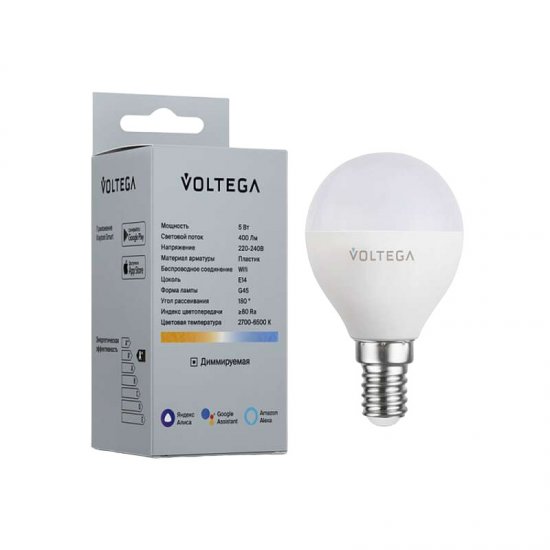 Лампа умная Voltega Wi-Fi bulbs светодиодная E14 5 Вт теплый/холодный 2700-6500 К IP20 шар