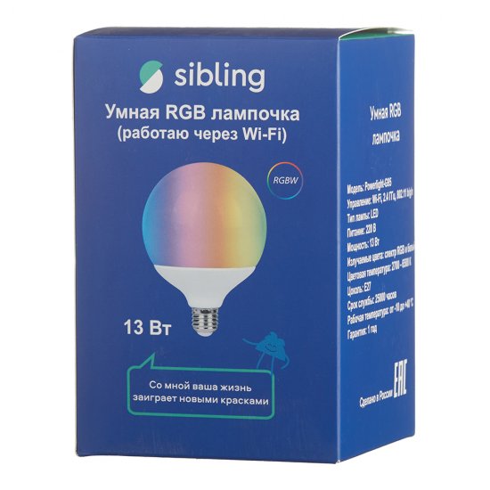Лампа умная Sibling светодиодная диммируемая Е27 13 Вт RGB IP20 шар