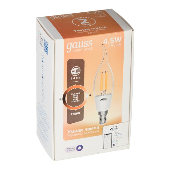 Лампа умная Gauss Smart Home филаментная диммируемая E14 4,5 Вт теплый/холодный 2700 К IP20 свеча на ветру
