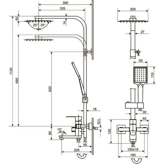 Душевая система ARGOtech Hard с верхним душем с лейкой со смесителем сталь (35-05/C HARD)