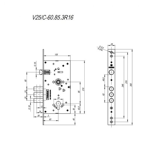Замок врезной Fuaro V25C60.85.3R16 универсальный никель