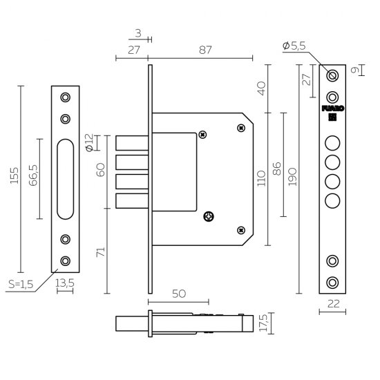Замок врезной Fuaro X2004MF универсальный крестообразный латунь 5 ключей