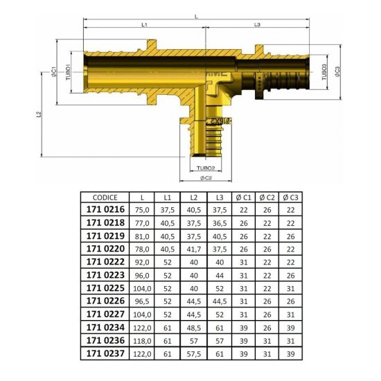 Тройник Tiemme 20 х 16 х 16 мм латунь (1710218)