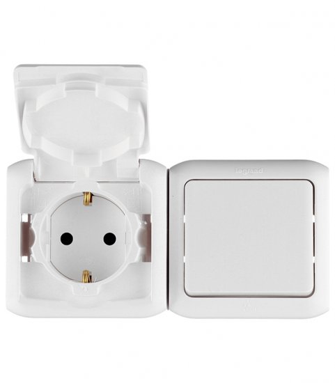 Блок выключатель и розетка Legrand Quteo одноклавишный накладной белый (782318)