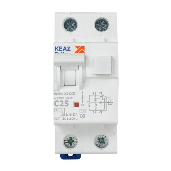 Автомат дифференциальный КЭАЗ OptiDin D63 25А 1P+N тип AC 30 мА 4,5 кА (328100)