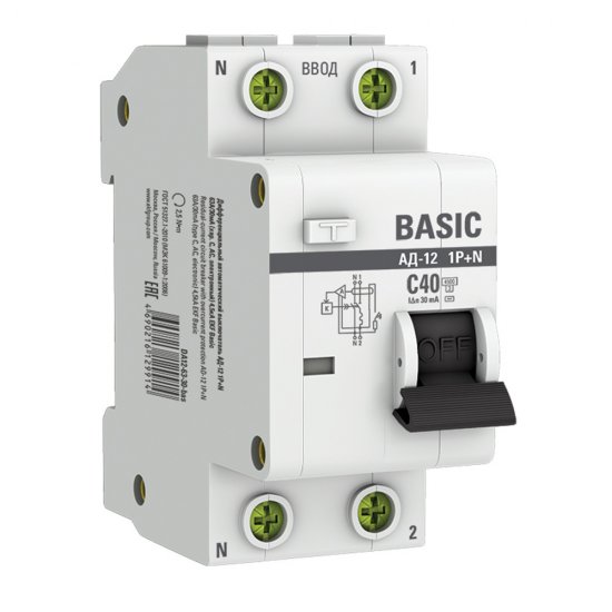 Автомат дифференциальный EKF Basic АД-12 40А 1P+N тип AC 30 мА 4,5 кА (DA12-40-30-bas)