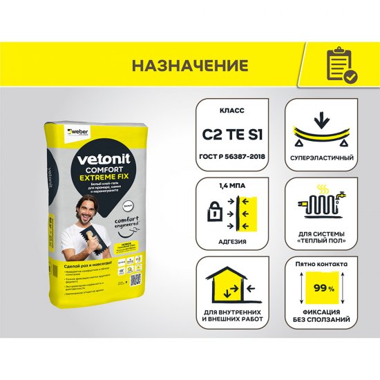 Клей для плитки/ керамогранита/ камня Vetonit Comfort Extreme Fix белый класс C2 TE S1 20 кг
