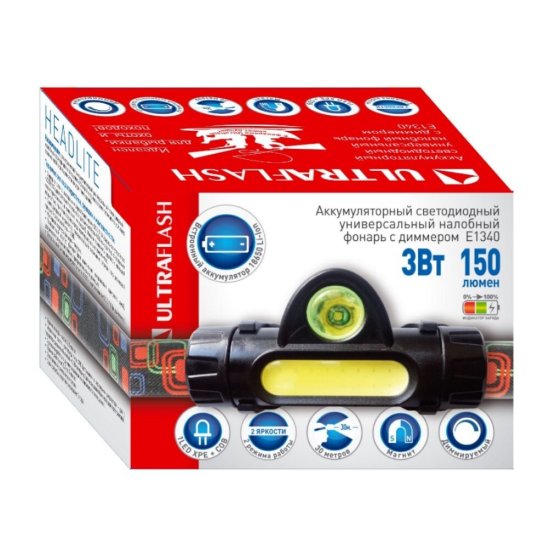 Фонарь налобный Ultraflash E1340 светодиодный 2 LED 3 Вт аккумуляторный Li-Ion 1200 мАч пластик 2 режима (E1340)