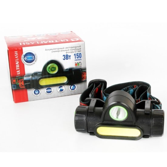 Фонарь налобный Ultraflash E1340 светодиодный 2 LED 3 Вт аккумуляторный Li-Ion 1200 мАч пластик 2 режима (E1340)