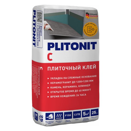 Клей для плитки/ керамогранита/ камня Plitonit С для облицовки сложных поверхностей серый класс C2 TE 25 кг