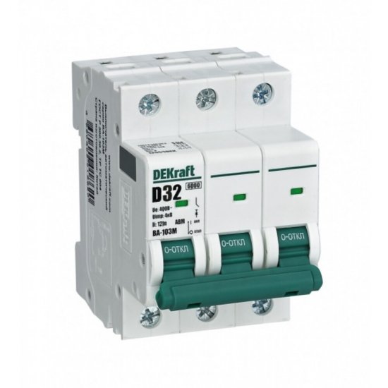 Автоматический выключатель модульный Dekraft ВА-103 3P 32А тип D 6 кА 400 В (12559DEK)