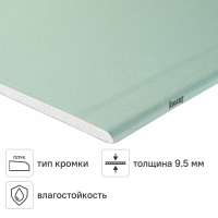 Гипсокартон влагостойкий 9.5 мм Knauf 2500x1200 мм 3 м²