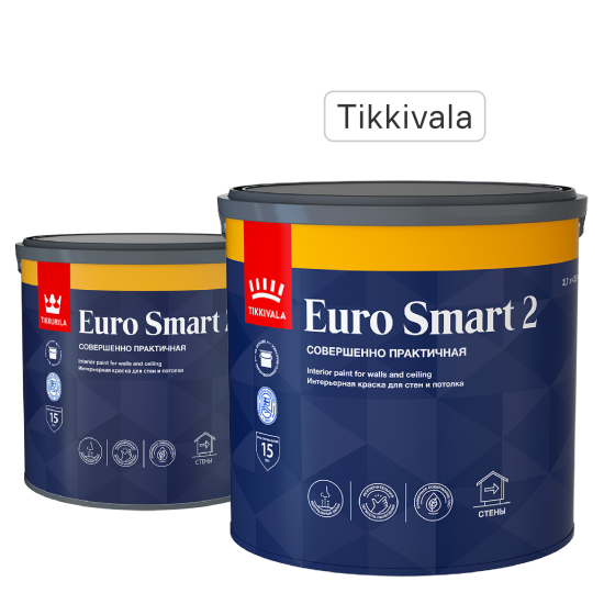 Краска для стен и потолков Tikkivala Euro Smart 2 глубокоматовая цвет белый база А 2.7 л