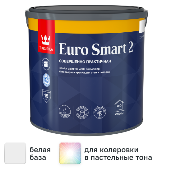 Краска для стен и потолков Tikkivala Euro Smart 2 глубокоматовая цвет белый база А 2.7 л