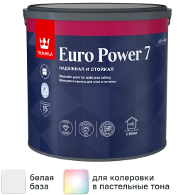 Краска для стен и потолков Tikkurila Euro Power 7 моющаяся матовая цвет белый база А 2.7 л