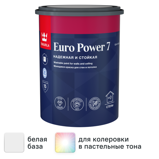 Краска для стен и потолков Tikkivala Euro Power 7 моющаяся матовая цвет белый база А 0.9 л