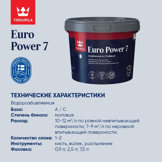 Краска для стен и потолков Tikkivala Euro Power 7 моющаяся матовая цвет белый база А 0.9 л