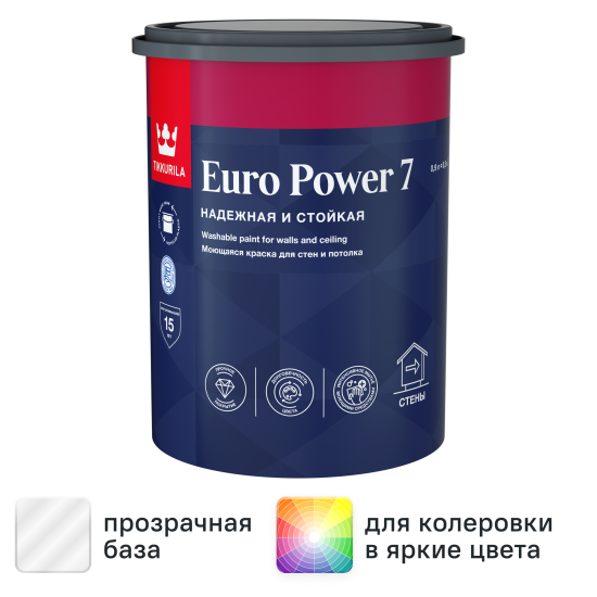 Краска для стен и потолков Tikkivala Euro Power-7 матовая прозрачная база С 0.9 л