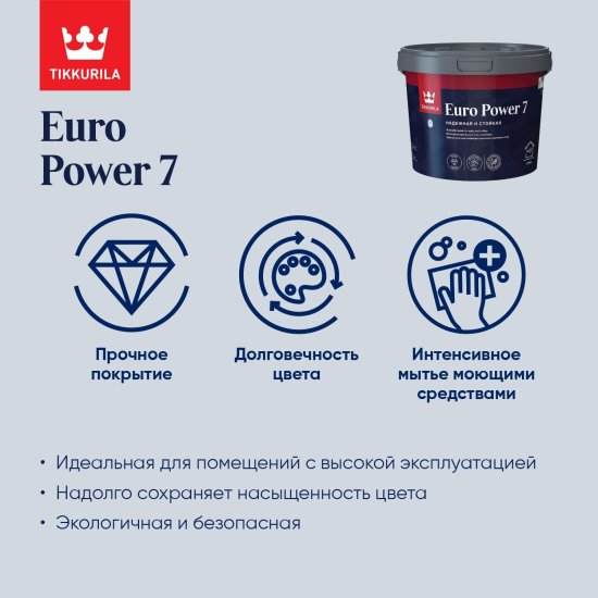 Краска для стен и потолков Tikkivala Euro Power-7 матовая прозрачная база С 0.9 л
