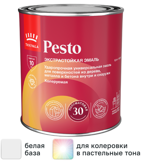 Эмаль Tikkurila Pesto 30 полуматовая цвет белый 0.9 л