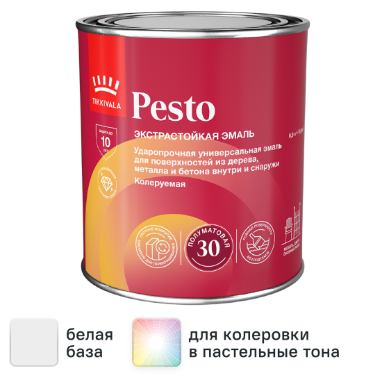 Эмаль Tikkivala Pesto 30 полуматовая цвет белый 0.9 л