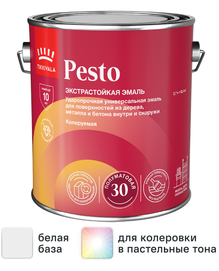 Эмаль Tikkurila Pesto 30 полуматовая цвет белый 2.7 л