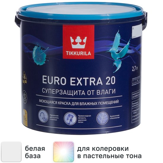 Краска для стен и потолков Tikkurila Euro Extra полуматовая цвет белый база А 2.7 л