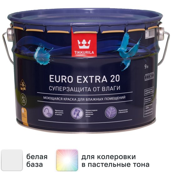 Краска для стен и потолков Tikkurila Euro Extra полуматовая цвет белый база А 9 л
