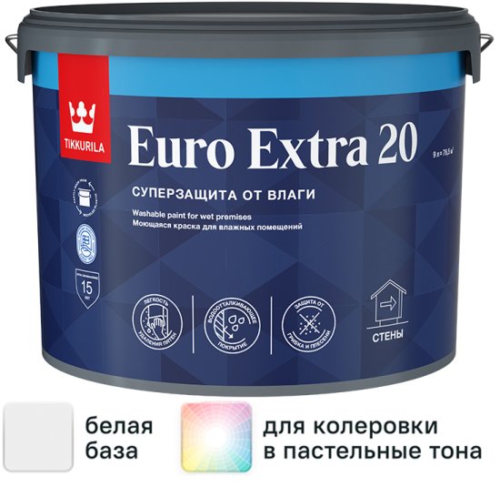 Краска для стен и потолков Tikkurila Euro Extra полуматовая цвет белый база А 9 л