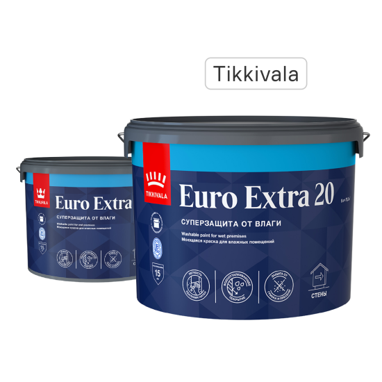 Краска для стен и потолков Tikkivala Euro Extra полуматовая цвет белый база А 9 л