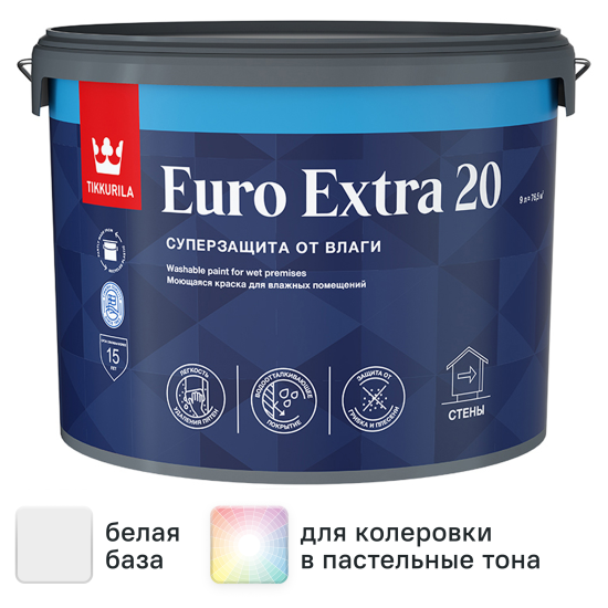 Краска для стен и потолков Tikkivala Euro Extra полуматовая цвет белый база А 9 л