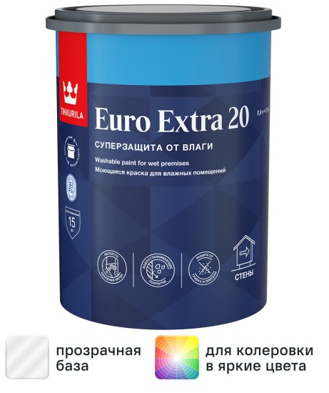 Краска для стен и потолков Tikkurila Euro-20 полуматовая прозрачная база С 0.9 л