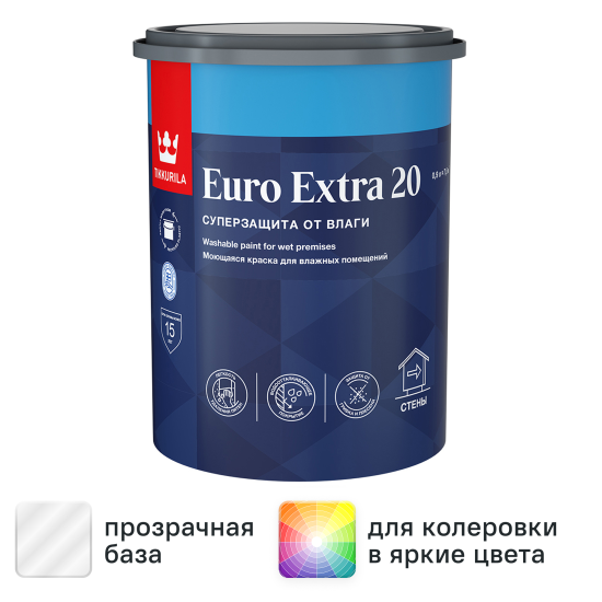 Краска для стен и потолков Tikkivala Euro-20 полуматовая прозрачная база С 0.9 л