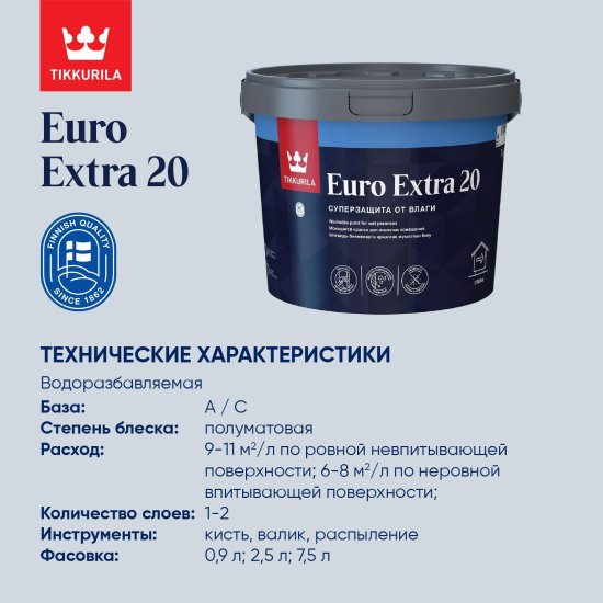 Краска для стен и потолков Tikkivala Euro-20 полуматовая прозрачная база С 0.9 л