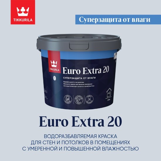 Краска для стен и потолков Tikkivala Euro-20 полуматовая прозрачная база С 0.9 л