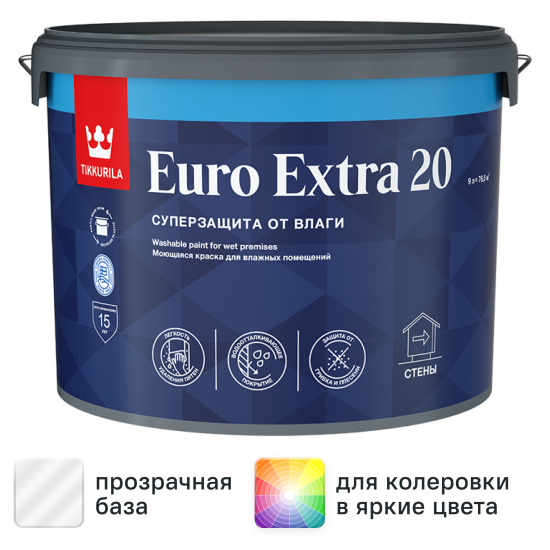 Краска для стен и потолков Tikkivala Euro Extra полуматовая прозрачная база С 9 л