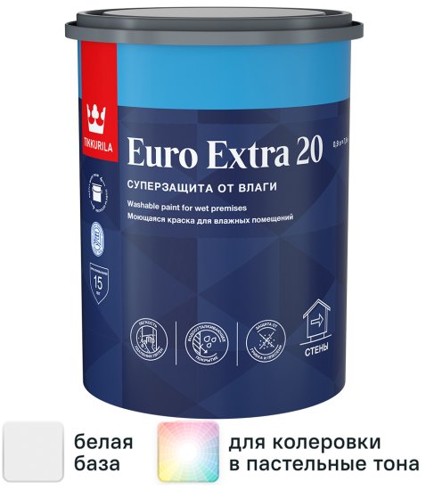 Краска для стен и потолков Tikkurila Euro-20 полуматовая цвет белый база А 0.9 л