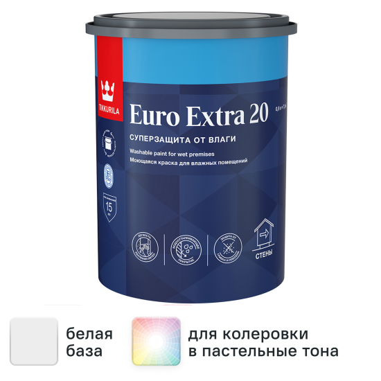 Краска для стен и потолков Tikkivala Euro-20 полуматовая цвет белый база А 0.9 л