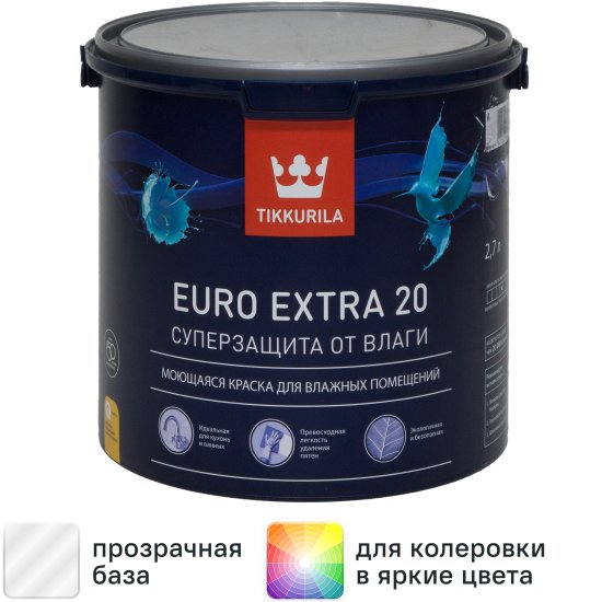 Краска для стен и потолков Tikkurila Euro-20 полуматовая прозрачная база С 2.7 л
