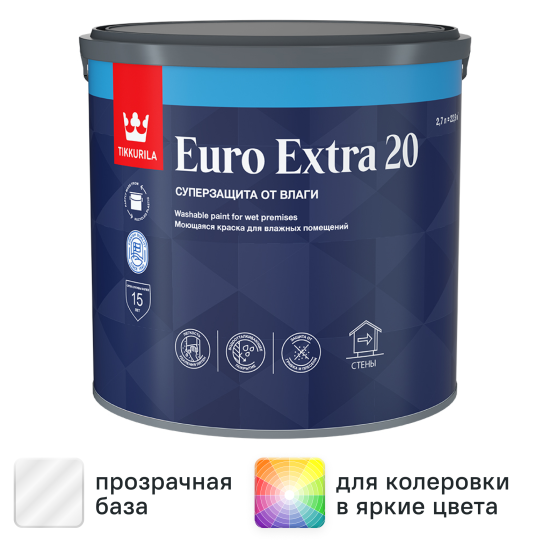 Краска для стен и потолков Tikkivala Euro-20 полуматовая прозрачная база С 2.7 л