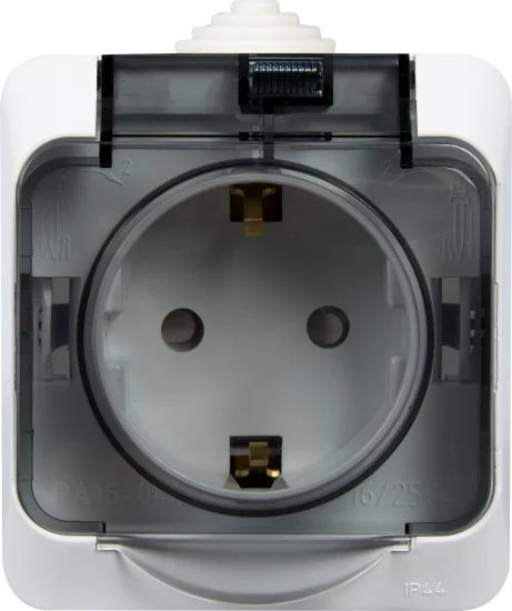 Розетка накладная влагозащищённая Systeme Electric Этюд с заземлением со шторками IP44 цвет белый