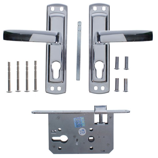 Замок врезной с дверными ручками на планке Apecs 1601 ЦАМ хром