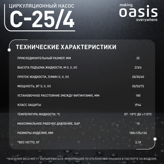 Циркуляционный насос Oasis 25/4 180 мм с гайками 1