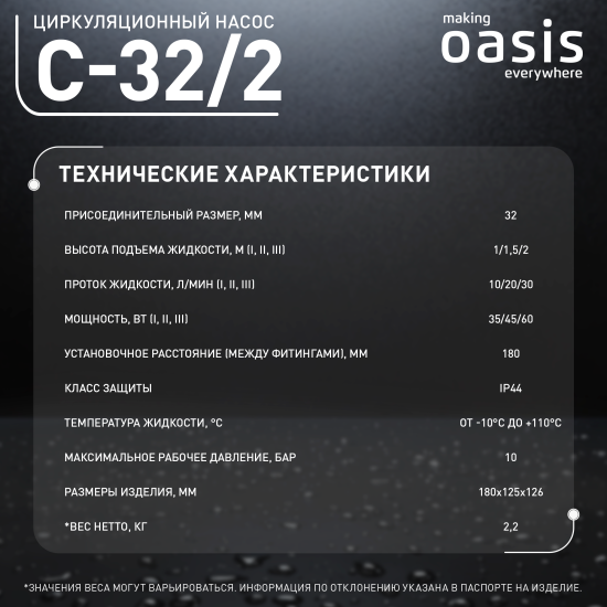 Циркуляционный насос Oasis 32/2 180 мм с гайками 1 1/4