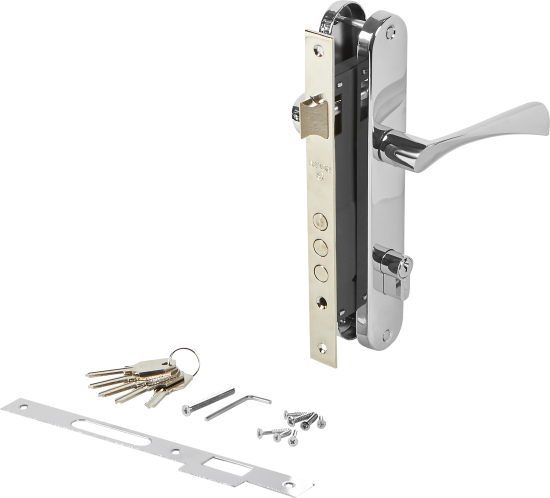 Замок врезной с дверными ручками на планке Эра SET F9011 глянцевый хром