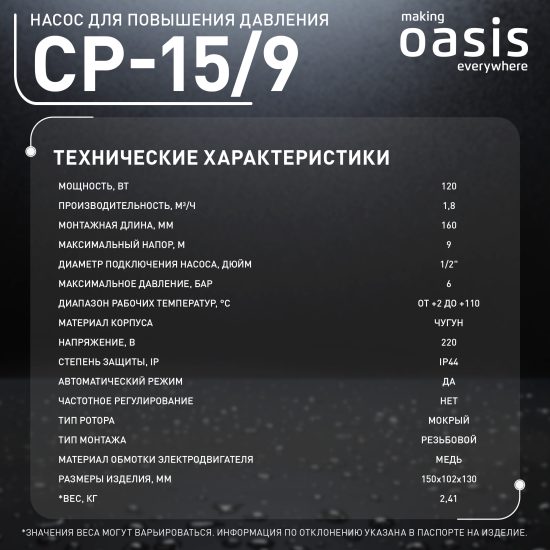 Насос повышения давления Oasis CNP 15/9 160 мм с гайками 1/2
