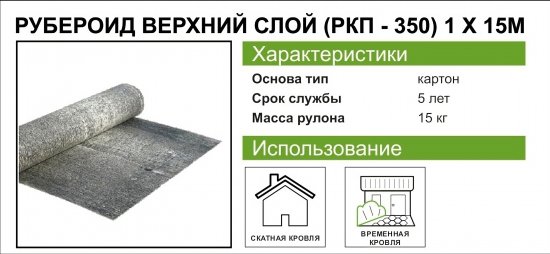 Рубероид РКП-350 нижний слой картон 15 м²